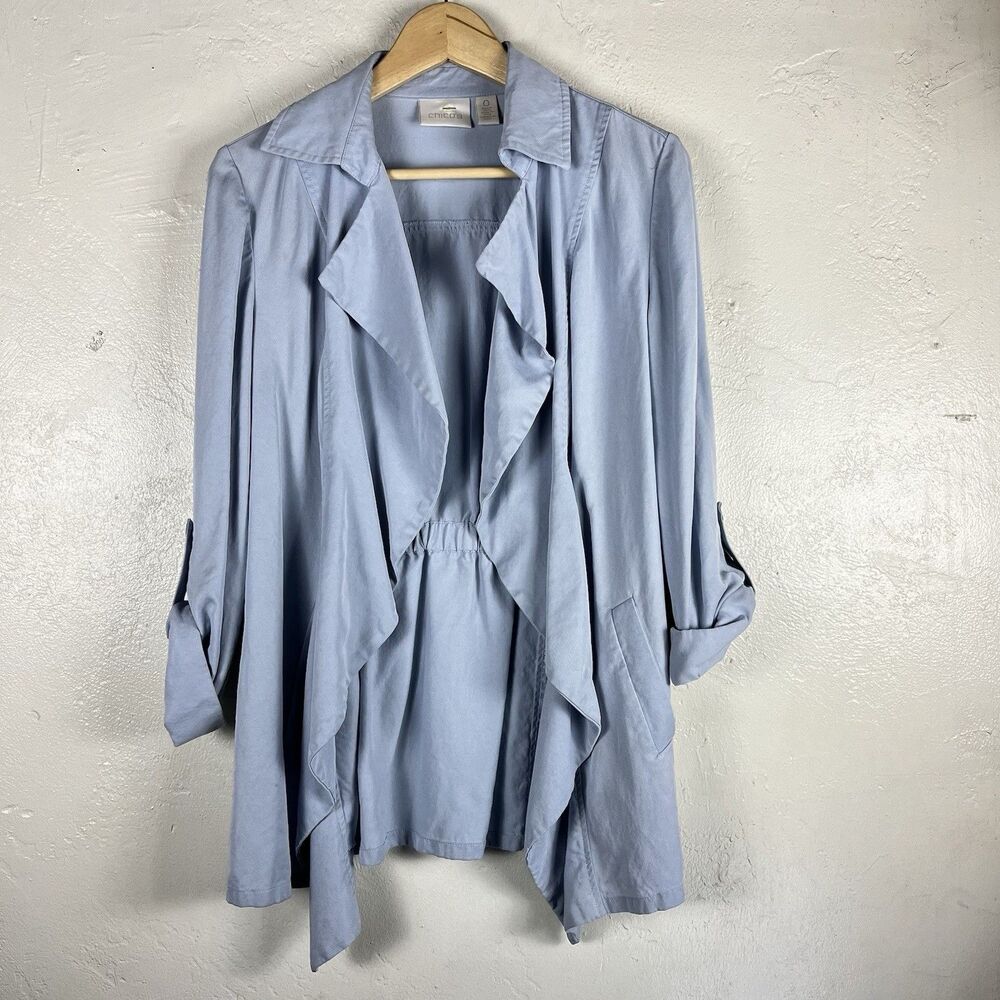 Chico’s Jacket Size 0 Blue 100% Lyocell Waterfall Drape Roll Up Sleeves - Picture 2 of 13